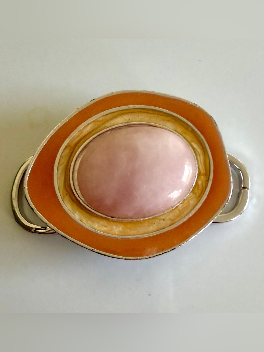 Pink and Orange Oval Brooch with Silver-Tone Setting